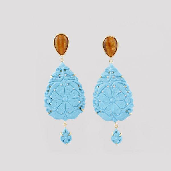 PAIR OF EYE OF TIGER, TURQUOISE PASTE AND GOLD EARRINGS