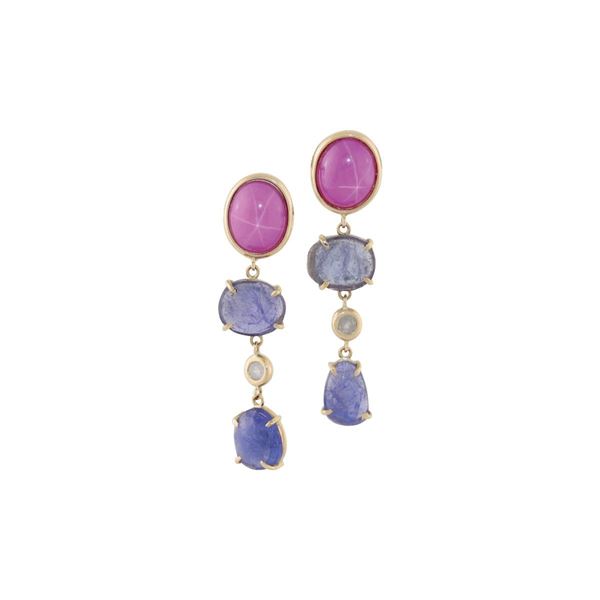 PAIR OF RUBY, TANZANITE, DIAMOND AND GOLD EARRINGS
