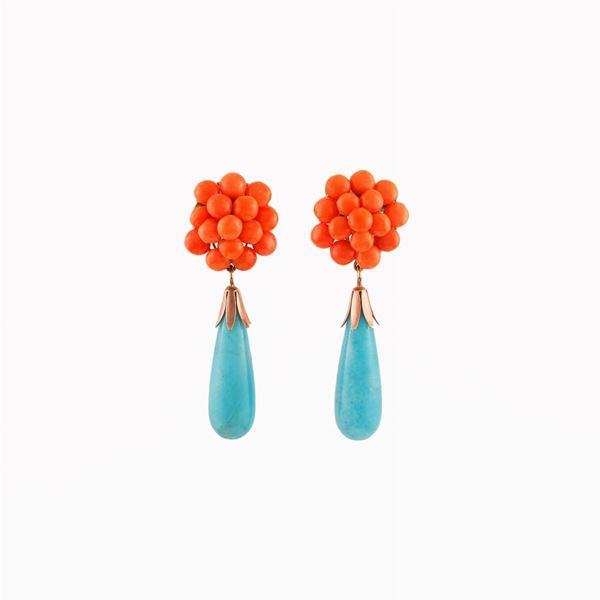 PAIR OF CORAL, AMAZONITE AND GOLD EARRINGS  - Auction Jewelery, Watches and Objects of Art - Casa d'Aste International Art Sale