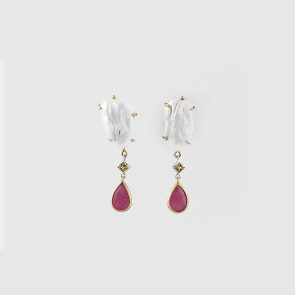 PAIR OF FRESHWATER PEARL, RUBY, SYNTHETIC GEM AND GOLD EARRINGS