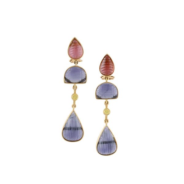 PAIR OF TOURMALINE, TANZANITE, ZIRCON AND GOLD EARRINGS