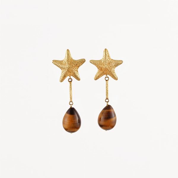 PAIR OF EYE OF TIGER AND GOLD EARRINGS  - Auction Jewelery, Watches and Objects of Art - Casa d'Aste International Art Sale