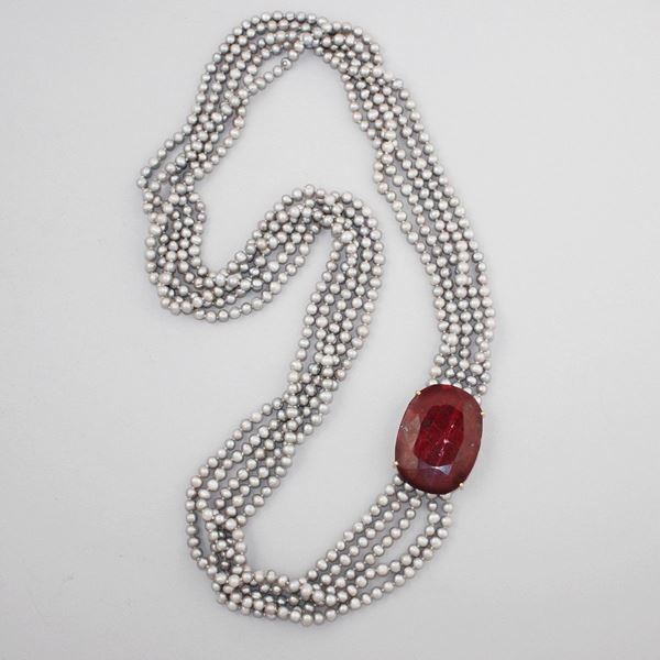 FRESHWATER PEARL, RUBY AND GOLD NECKLACE
