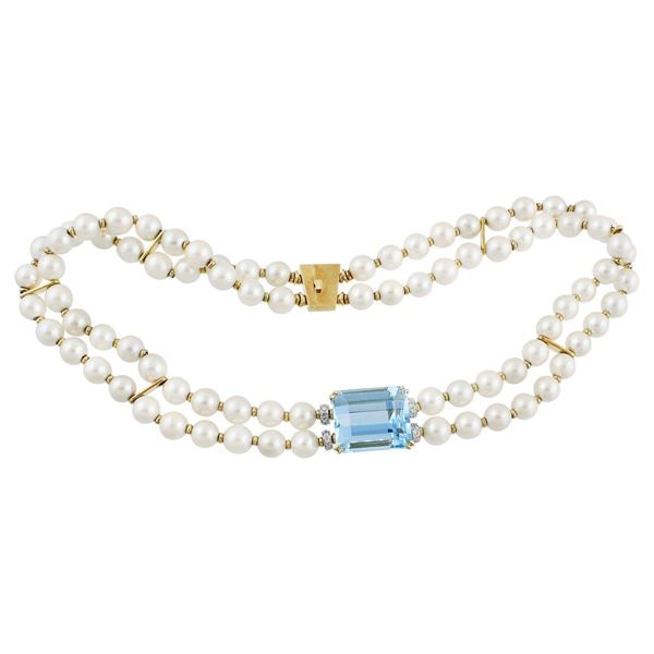 CULTURED PEARL, ACQUAMARINE, DIAMOND AND GOLD NECKLACE