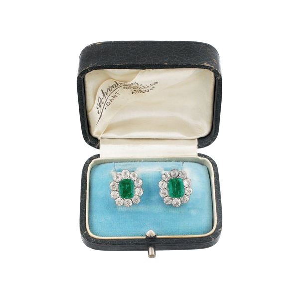PAIR OF EMERALD, DIAMOND AND GOLD EARRINGS