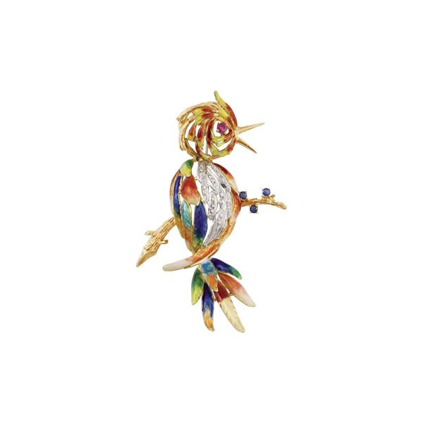 DIAMOND, RUBY, SAPPHIRE AND GOLD BROOCH