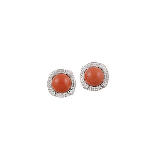 PAIR OF CORAL, DIAMOND AND GOLD EARRINGS