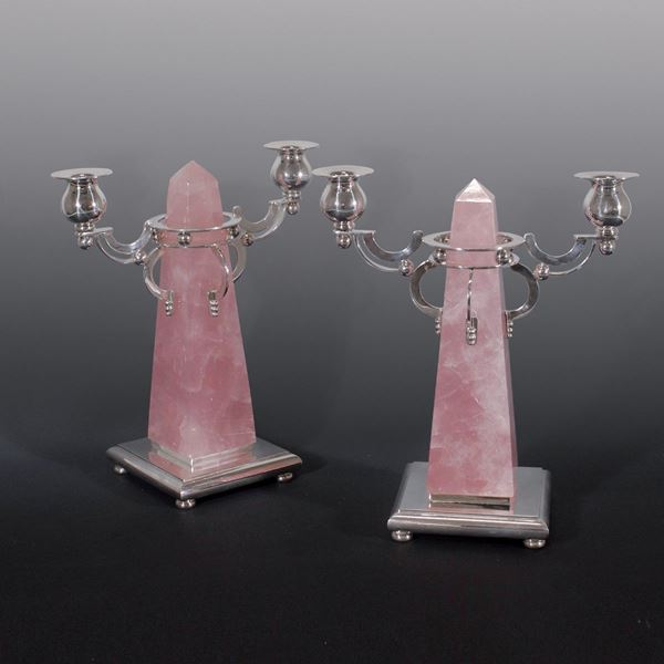 PAIR OF QUARTZ AND SILVER CANDLESTICKS