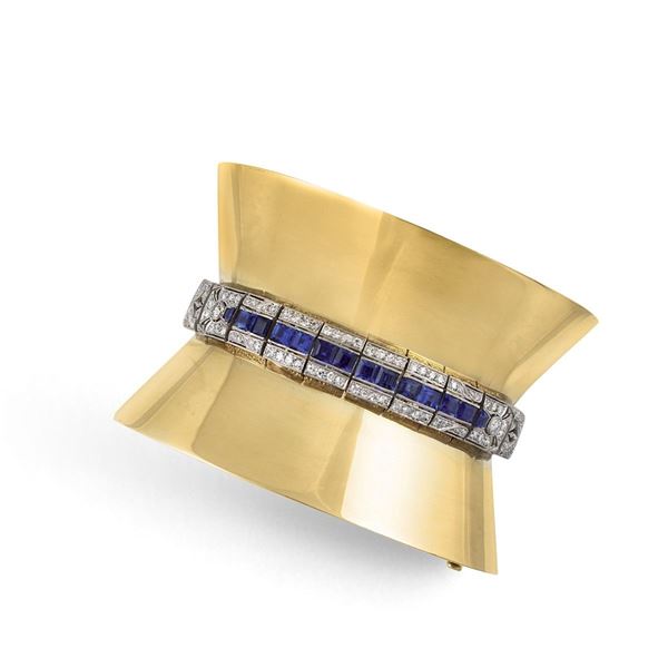 DIAMOND, SAPPHIRE, PLATINUM AND GOLD BRACELET