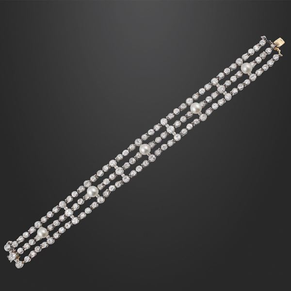 DIAMOND, PEARL, PLATINUM AND GOLD BRACELET