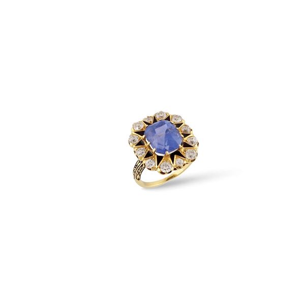 SAPPHIRE, DIAMOND AND GOLD RING