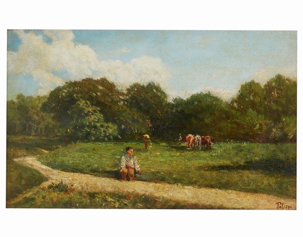 Viottolo con pastore e mucche al pascolo  - Asta Dipinti di Arte Moderna, Contemporanea e XIX Secolo - Casa d'Aste International Art Sale