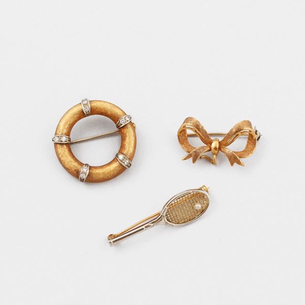 THREE DIAMOND, PEARL AND GOLD BROOCHES