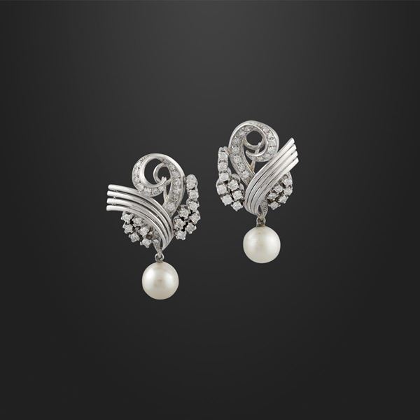 PAIR OF CULTURED PEARL, DIAMOND AND PLATINUM