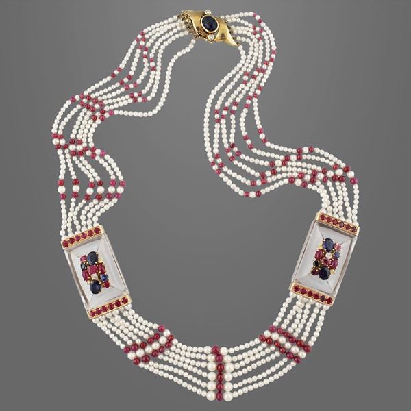CULTURED PEARL, GEM SET AND GOLD NECKLACE