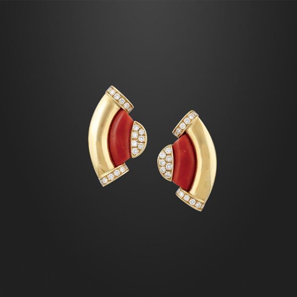 PAIR OF CORAL, DIAMOND AND GOLD EARRINGS