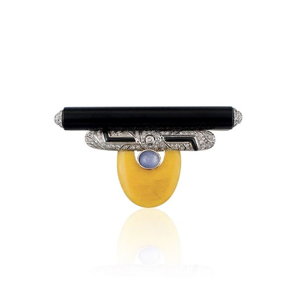 ONYX, DIAMOND, JADEITE, SAPPHIRE AND GOLD BROOCH