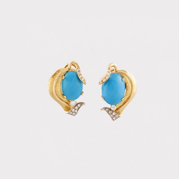 PAIR OF TURQUOISE PASTEDIAMOND AND GOLD EARRINGS  - Auction Jewel Necklaces for Summer Time and Silver - Casa d'Aste International Art Sale