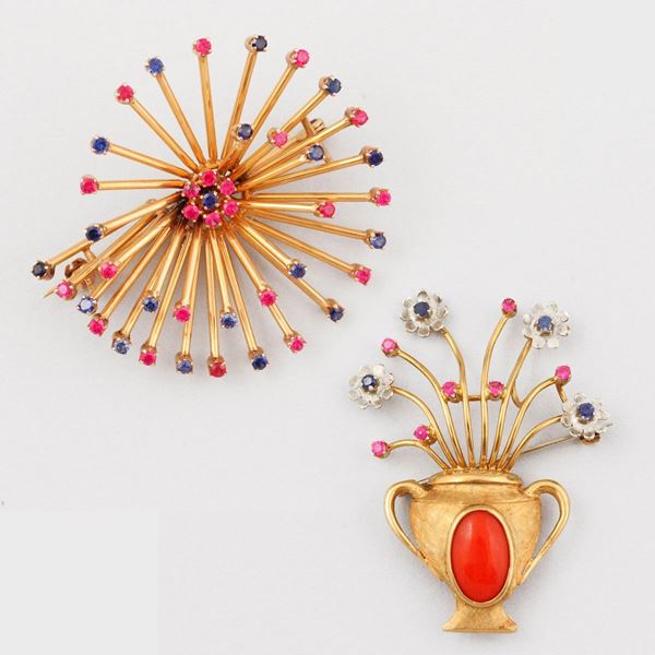 TWO CORAL, SYNTHETIC GEM AND GOLD BROOCHES