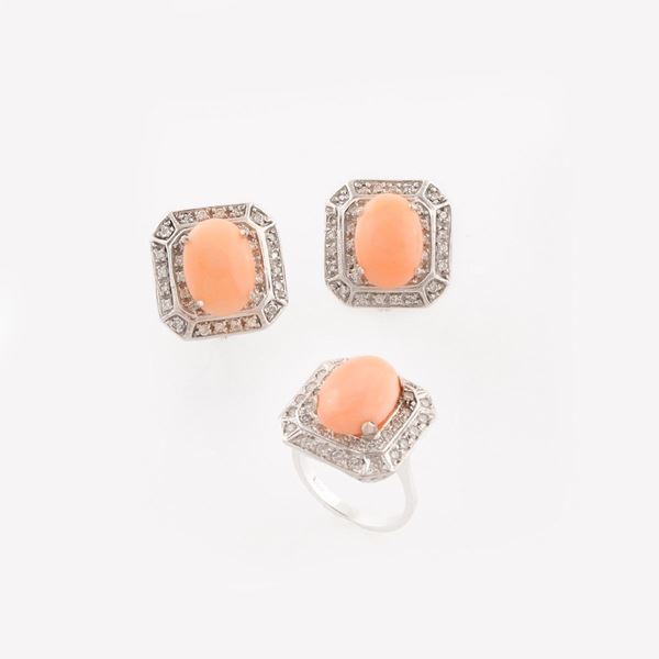RING AND PAIR OF CORAL, DIAMOND AND GOLD EARRINGS