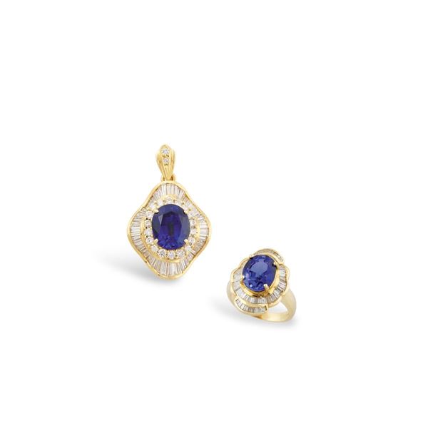 DIAMOND, SYNTHETIC SAPPHIRE AND GOLD RING AND PENDANT  - Auction Important Jewelry - Casa d'Aste International Art Sale