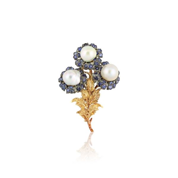 CULTURED PEARL, SAPPHIRE, GOLD AND SILVER BROOCH