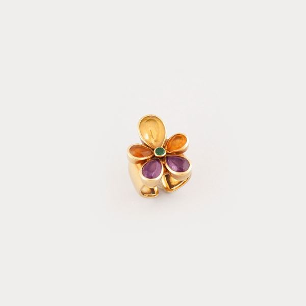 QUARTZ, AMETHYST, EMERALD AND GOLD RING