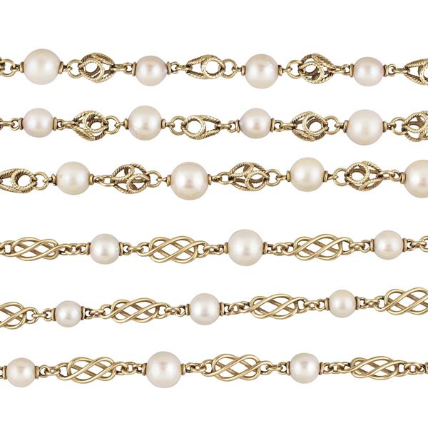 TWO CULTURED PEARL AND GOLD NECKLACES