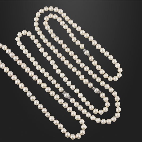 TWO CULTURED PEARL NECKLACES WITH DIAMOND AND GOLD CLASP