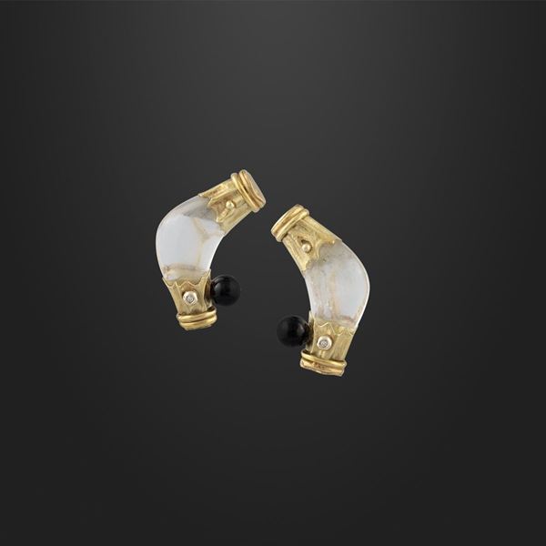 PAIR OF ROCK CRYSTAL, ONYX, DIAMOND AND GOLD EARRINGS
