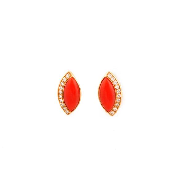 PAIR OF CORAL, DIAMOND AND GOLD EARRINGS