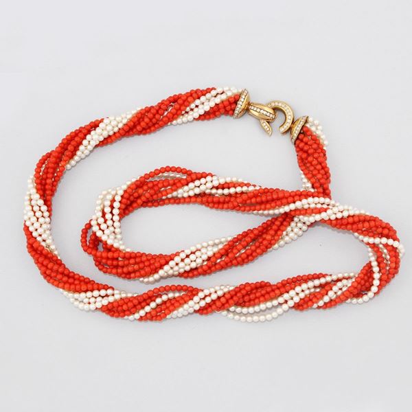 CORAL AND CULTURED PEARL NECKLACE WITH DIAMOND AND GOLD CLASP  - Auction Jewelery, Watches and Silver - Casa d'Aste International Art Sale