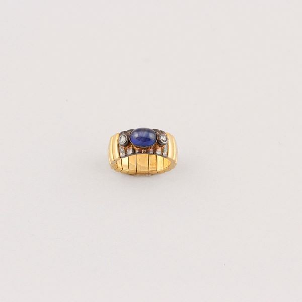 SYNTHETIC SAPPHIRE, DIAMOND, SILVER AND GOLD RING