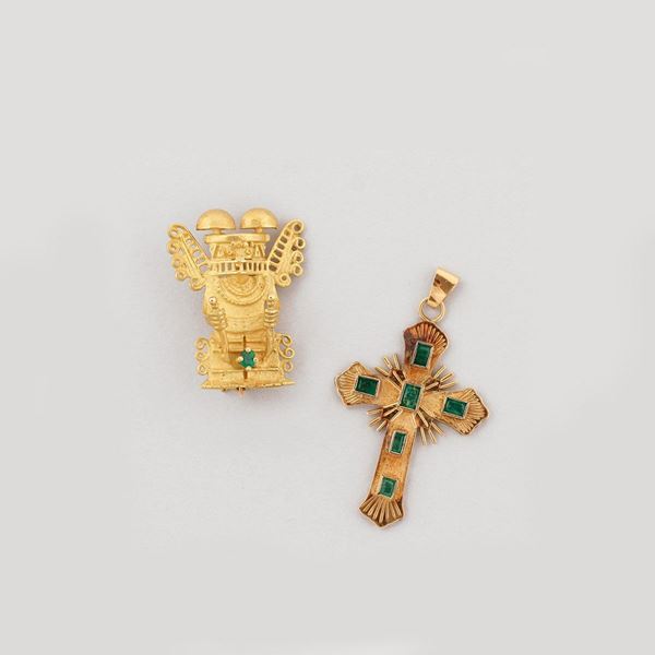 TWO EMERALD AND GOLD PENDANTS