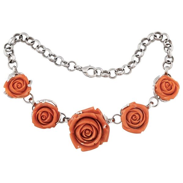 *CORAL, DIAMOND AND GOLD NECKLACE