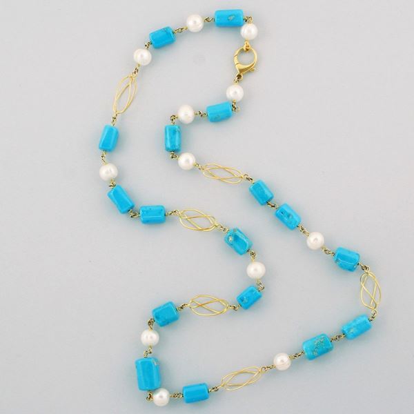 *TURQUOISE, FRESHWATER PEARL AND GOLD NECKLACE