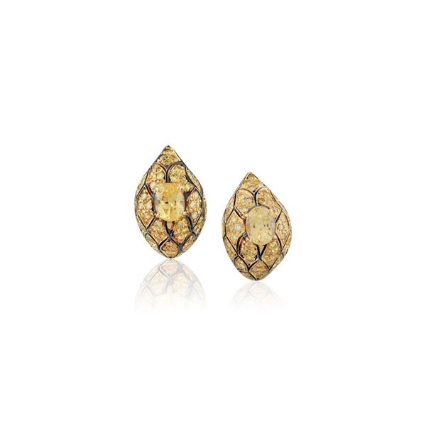 *PAIR OF CORUNDUM, DIAMOND AND GOLD EARRINGS
