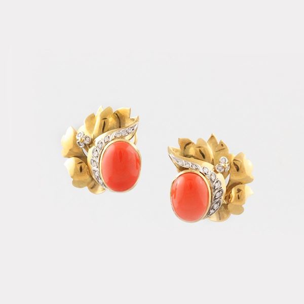 PAIR OF CORAL, DIAMOND AND GOLD EARRINGS