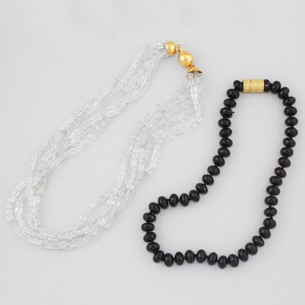 TWO QUARTZ, TOPAZ AND GOLD NECKLACES
