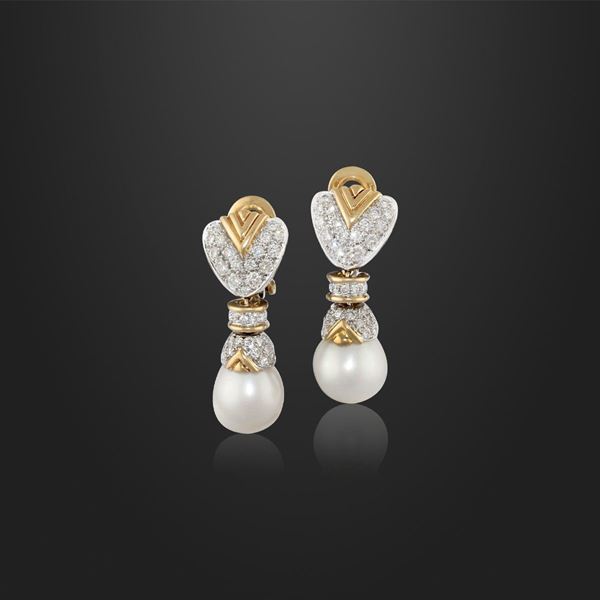 PAIR OF CULTURED PEARL, DIAMOND AND GOLD EARRINGS