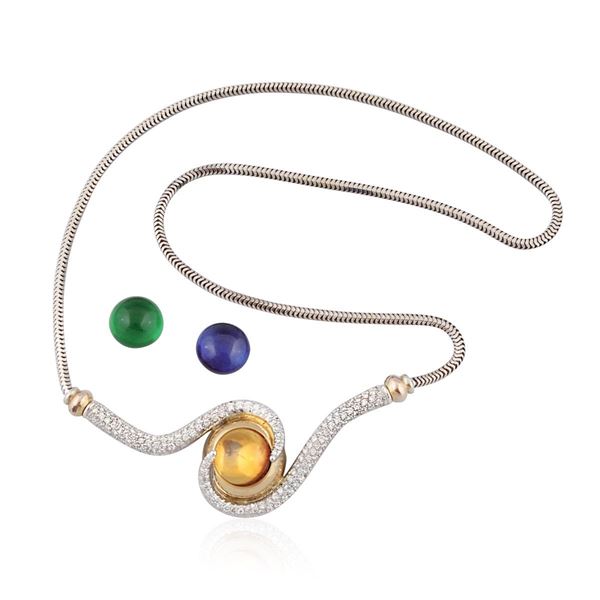 DIAMOND, SYNTHETIC GEM AND GOLD NECKLACE