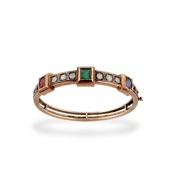 SAPPHIRE, EMERALD, RUBY, GOLD AND SILVER BRACELET