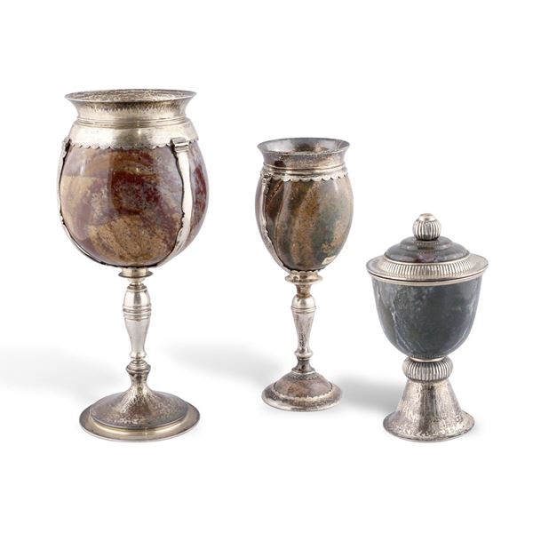 TWO JASPER CHALICES AND CUP WITH COVER