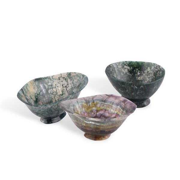 TWO FLUORITE AND ONE AGATE BOWLS