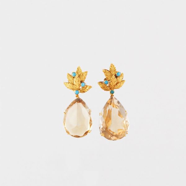 PAIR OF TURQUOISE, QUARTZ AND GOLD EARRINGS  - Auction JEWELERY, WATCHES AND SILVER - Casa d'Aste International Art Sale