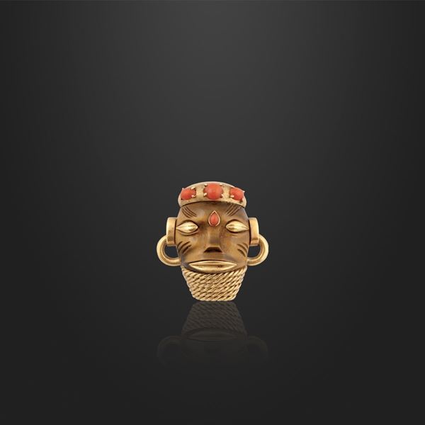 CORAL, EYE OF TIGER AND GOLD BROOCH  - Auction Important Jewelry - Casa d'Aste International Art Sale