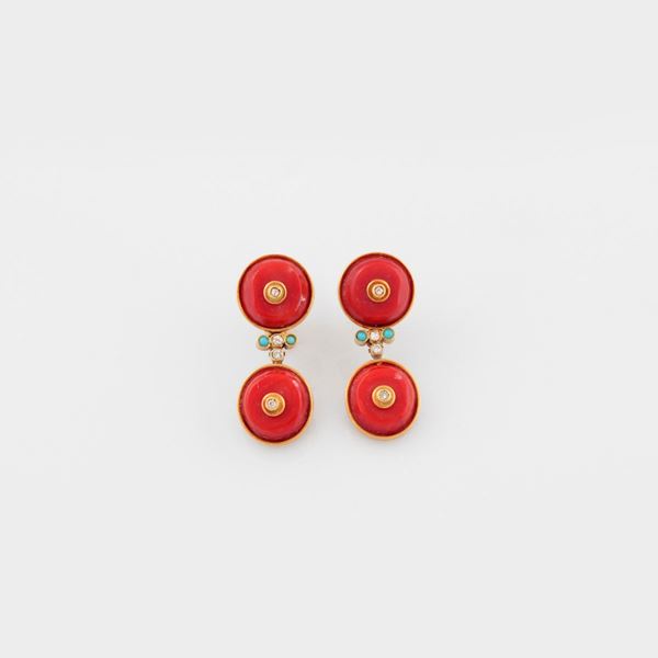 PAIR OF CORAL, DIAMOND, TURQUOISE AND GOLD EARRINGS