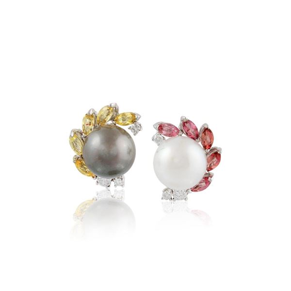*PAIR OF CULTURED PEARL, QUARTZ, DIAMOND AND GOLD EARRINGS