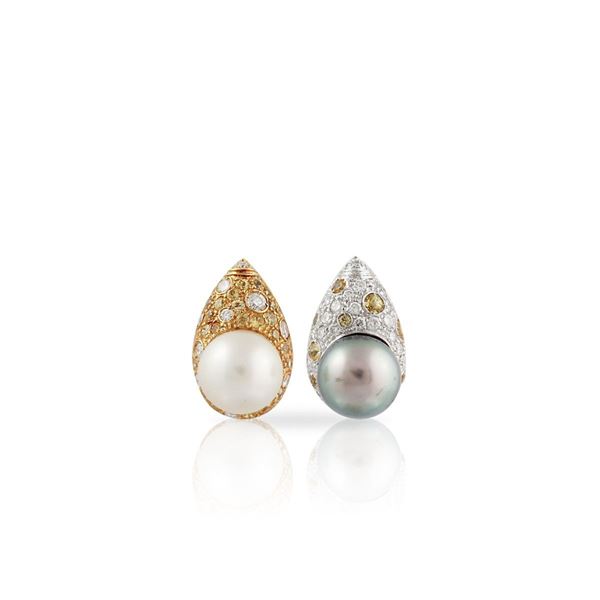 *PAIR OF CORUNDUM, DIAMOND, CULTURED PEARL EARRINGS