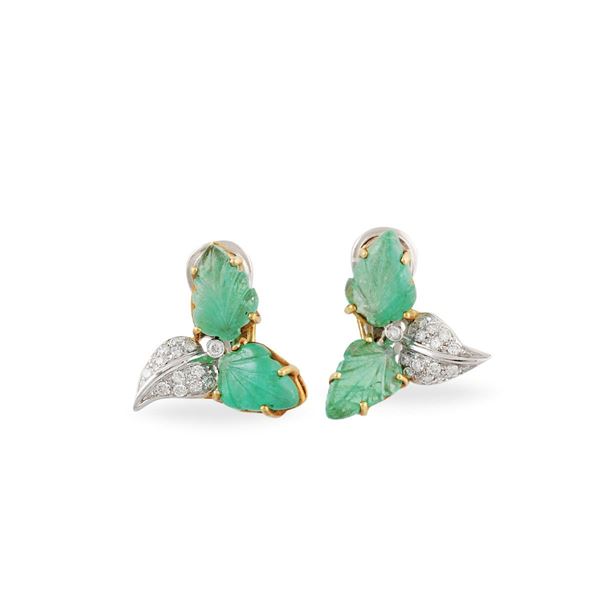 *PAIR OF EMERALD, DIAMOND AND GOLD EARRINGS